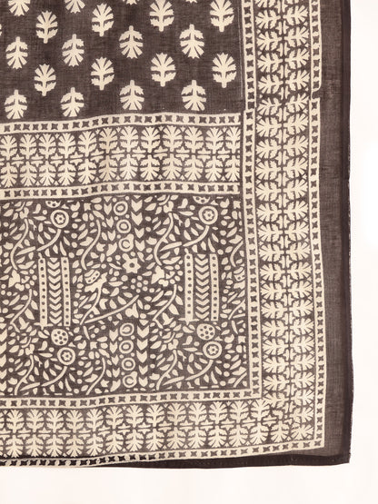 Black Floral Printed A-Line Cotton Stitched Kurta, Pant With Dupatta
