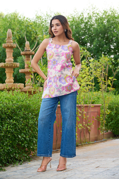Lavender Floral Printed Straight Cotton Stitched Top