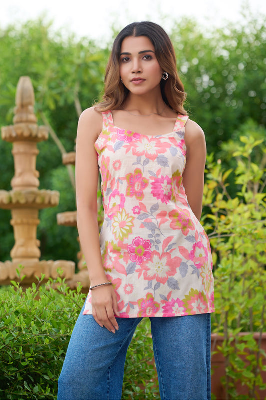 Pink Floral Printed Straight Cotton Stitched Top