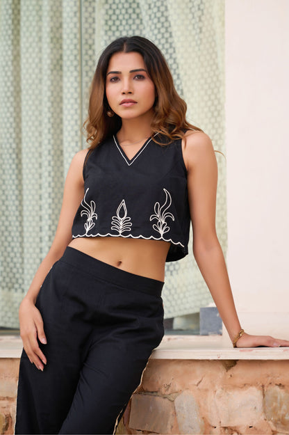 Black Solid Straight Cotton Flex Stitched Co-Ord Set