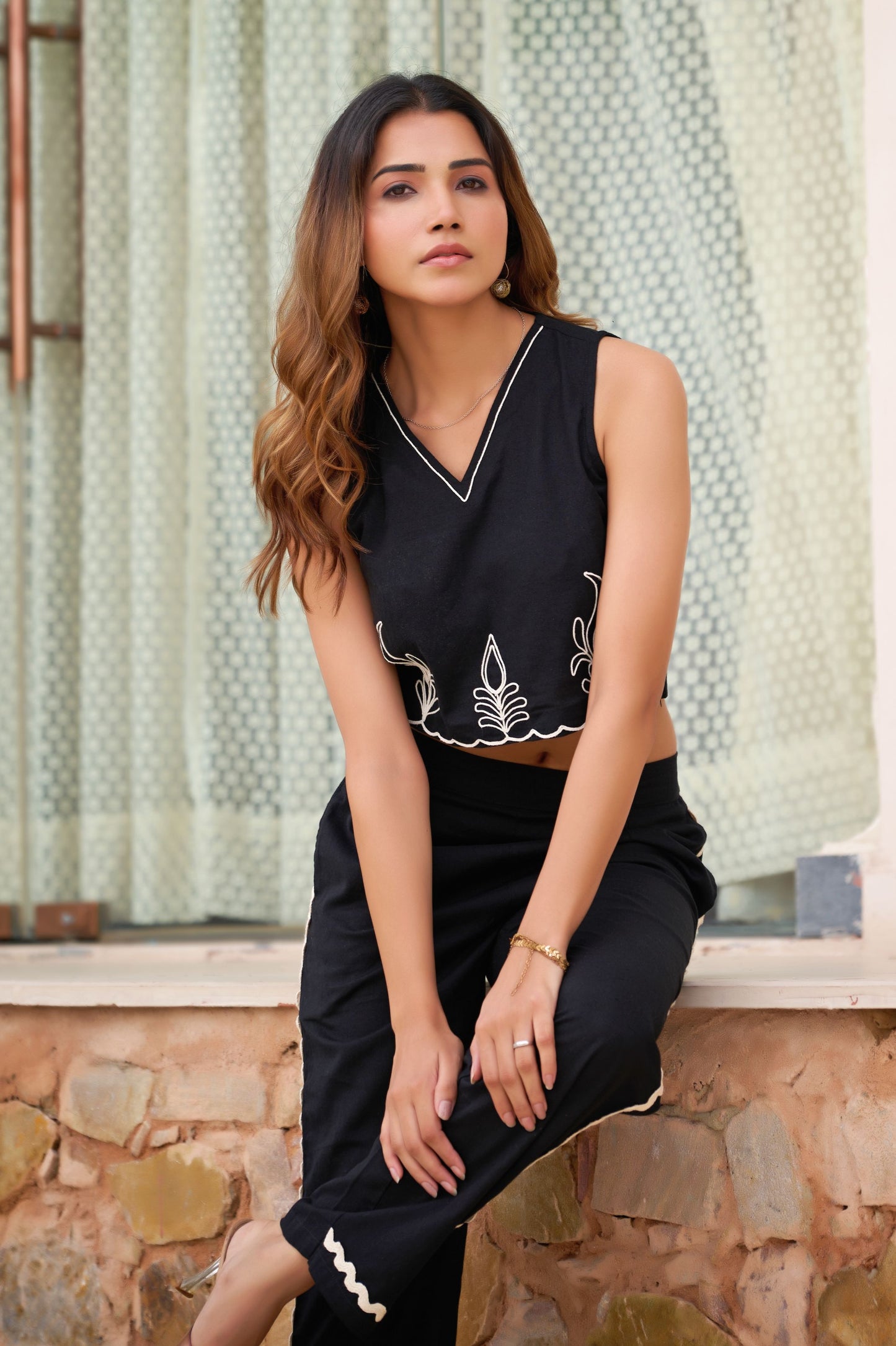 Black Solid Straight Cotton Flex Stitched Co-Ord Set