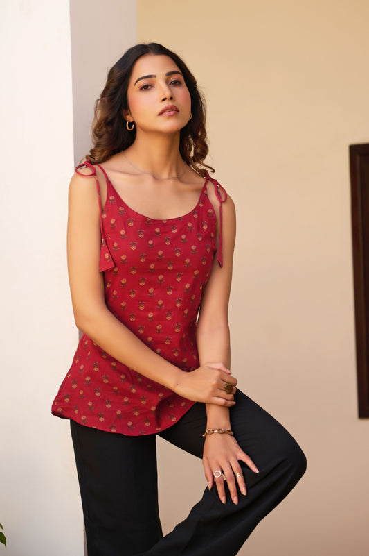 Maroon Floral Printed Straight Cotton Stitched Top