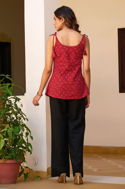 Maroon Floral Printed Straight Cotton Stitched Top