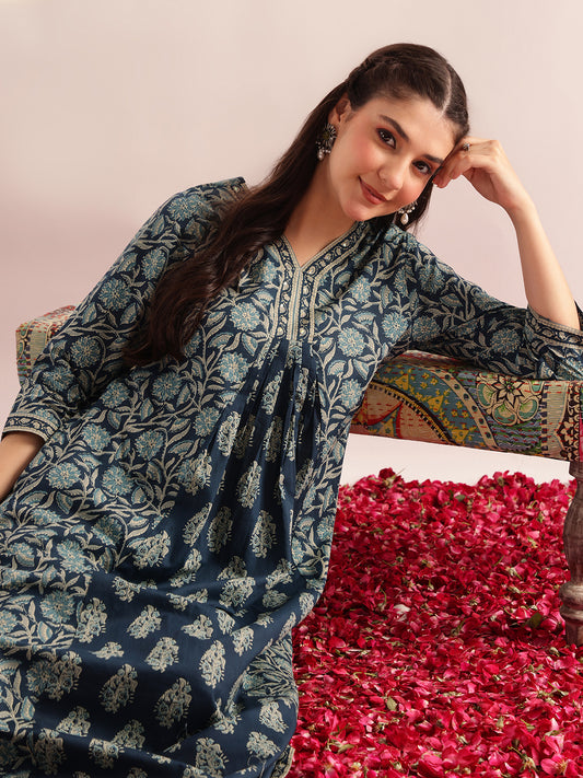 Aqua Blue Floral Printed A-Line Cotton Kurta