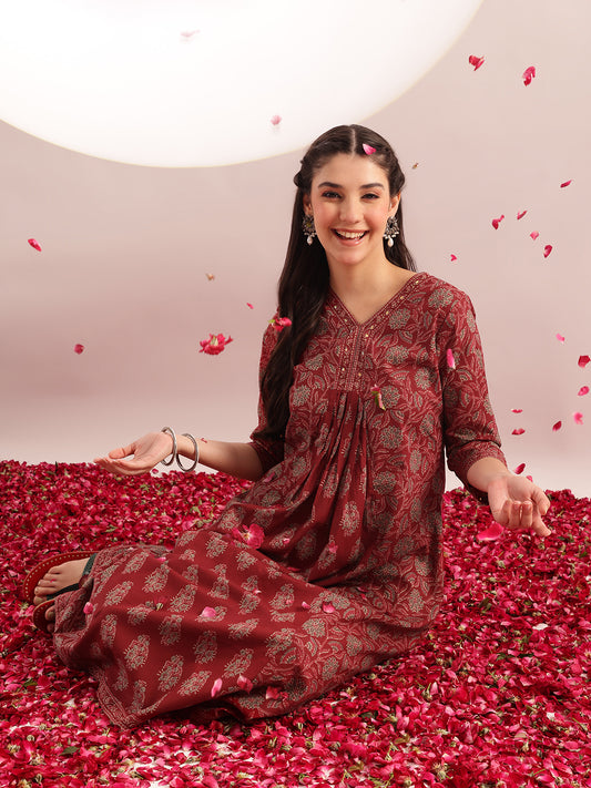 Maroon Floral Printed A-Line Cotton Kurta