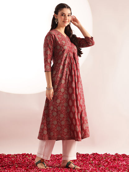 Maroon Floral Printed A-Line Cotton Kurta