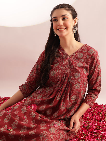 Maroon Floral Printed A-Line Cotton Kurta