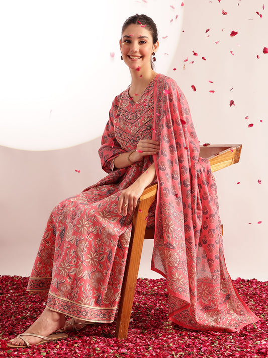 Pink Floral Printed Anarkali Cotton Stitched Kurta, Pant With Dupatta