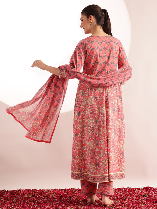 Pink Floral Printed Anarkali Cotton Stitched Kurta, Pant With Dupatta