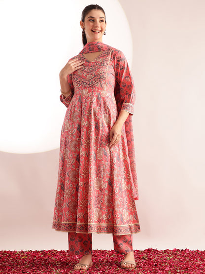 Pink Floral Printed Anarkali Cotton Stitched Kurta, Pant With Dupatta