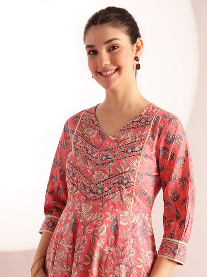Pink Floral Printed Anarkali Cotton Stitched Kurta, Pant With Dupatta