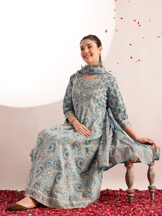 Sky Blue Floral Printed Anarkali Cotton Kurta, Pant With Dupatta
