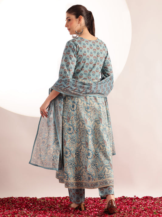 Sky Blue Floral Printed Anarkali Cotton Kurta, Pant With Dupatta