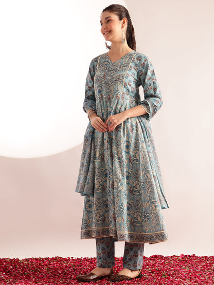 Sky Blue Floral Printed Anarkali Cotton Kurta, Pant With Dupatta