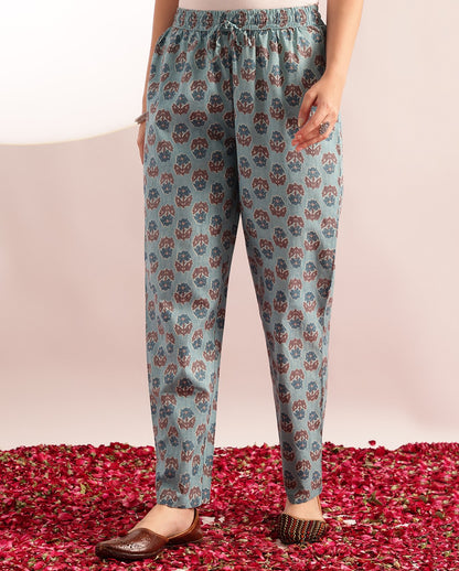 Sky Blue Floral Printed Anarkali Cotton Kurta, Pant With Dupatta