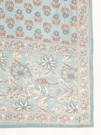Sky Blue Floral Printed Anarkali Cotton Kurta, Pant With Dupatta