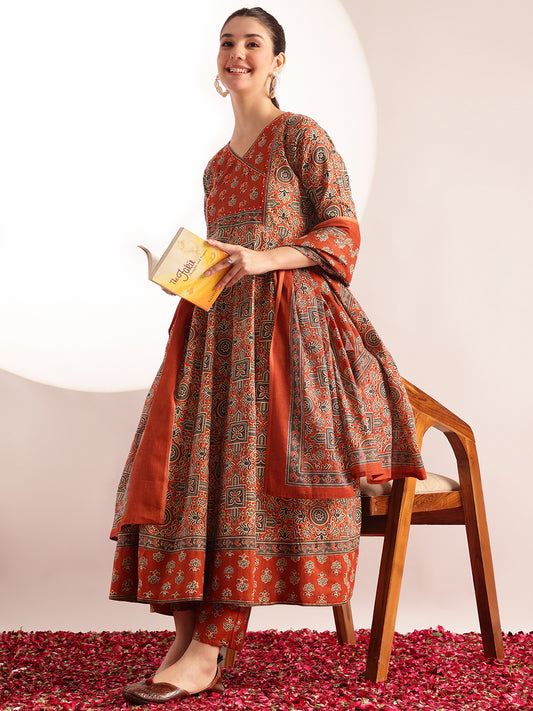 Orange Kalamkari Print Anarkali Cotton Kurta, Pant With Dupatta