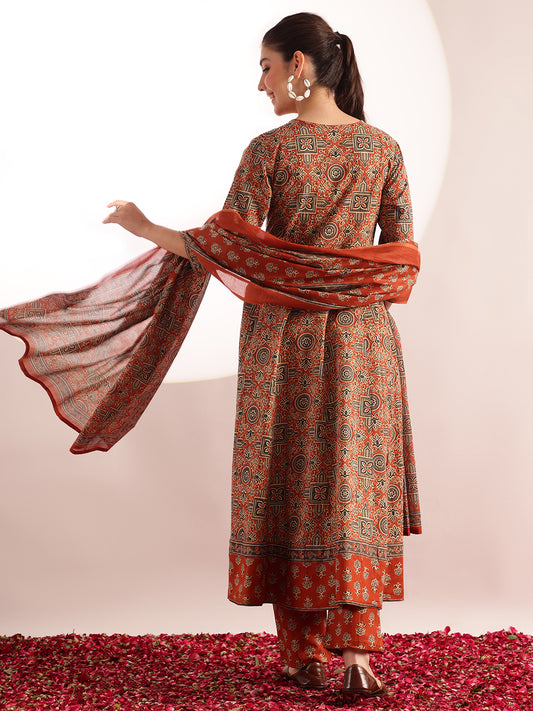 Orange Kalamkari Print Anarkali Cotton Kurta, Pant With Dupatta