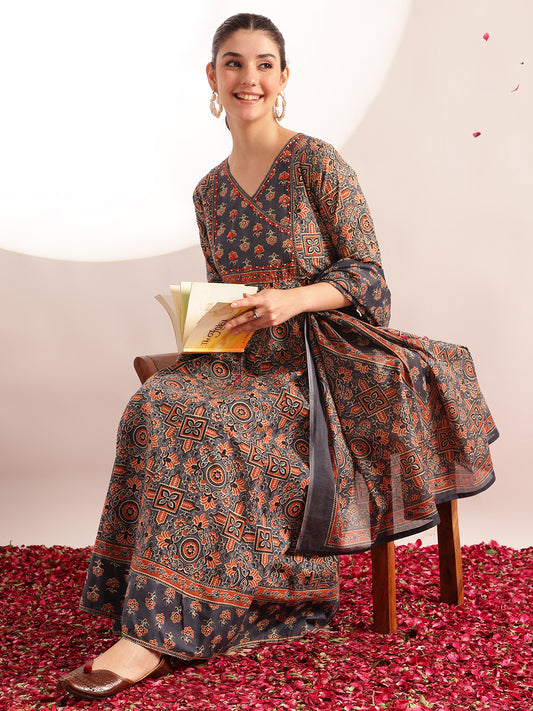 Aqua Kalamkari Print Anarkali Cotton Kurta, Pant With Dupatta