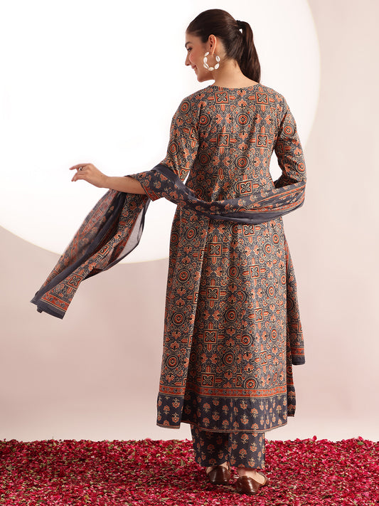 Aqua Kalamkari Print Anarkali Cotton Kurta, Pant With Dupatta