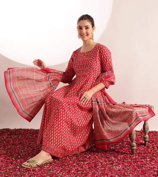 Pink Floral Printed Anarkali Cotton Kurta, Pant With Dupatta