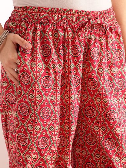 Pink Floral Printed Anarkali Cotton Kurta, Pant With Dupatta