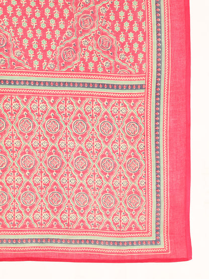 Pink Floral Printed Anarkali Cotton Kurta, Pant With Dupatta