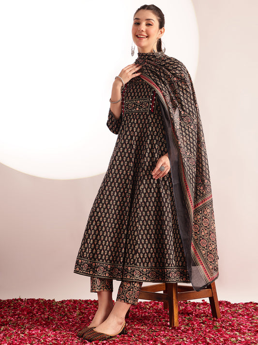Black Floral Printed Anarkali Cotton Kurta, Pant With Dupatta