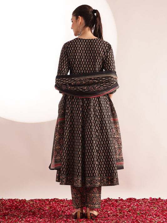 Black Floral Printed Anarkali Cotton Kurta, Pant With Dupatta
