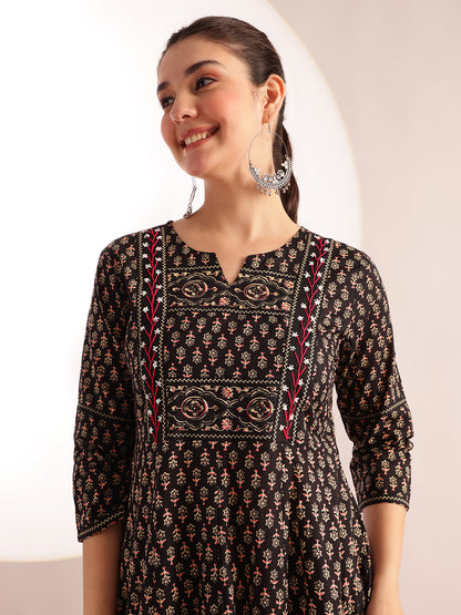 Black Floral Printed Anarkali Cotton Kurta, Pant With Dupatta
