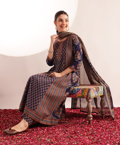 Blue Floral Printed A-Line Cotton Kurta, Palazzo With Dupatta