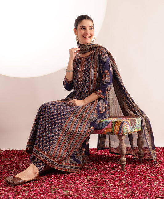 Blue Floral Printed A-Line Cotton Kurta, Palazzo With Dupatta