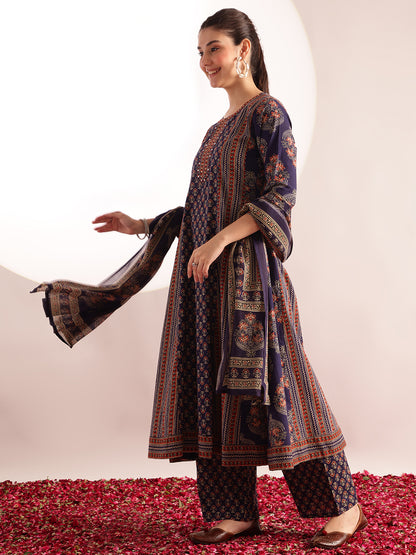 Blue Floral Printed A-Line Cotton Kurta, Palazzo With Dupatta