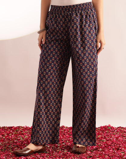 Blue Floral Printed A-Line Cotton Kurta, Palazzo With Dupatta