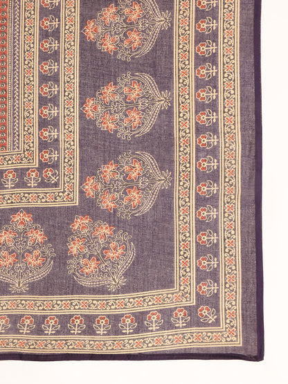 Blue Floral Printed A-Line Cotton Kurta, Palazzo With Dupatta