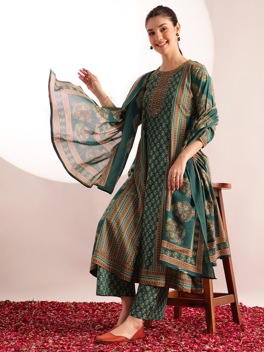 Aqua Green Floral Printed A-Line Cotton Kurta, Palazzo With Dupatta