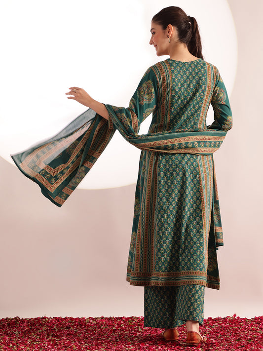Aqua Green Floral Printed A-Line Cotton Kurta, Palazzo With Dupatta