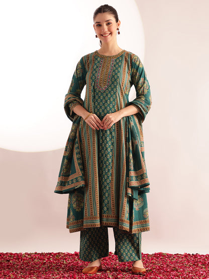 Aqua Green Floral Printed A-Line Cotton Kurta, Palazzo With Dupatta