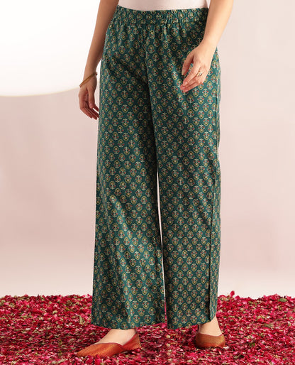 Aqua Green Floral Printed A-Line Cotton Kurta, Palazzo With Dupatta