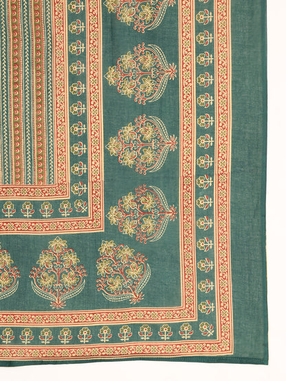 Aqua Green Floral Printed A-Line Cotton Kurta, Palazzo With Dupatta