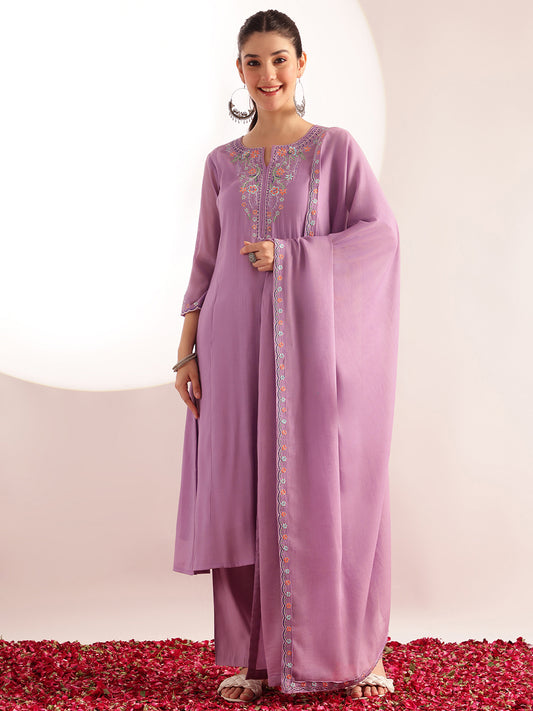 Lavender Embroidered Solid Fit & Flare Mul Chanderi Stitched Kurta, Pant With Dupatta
