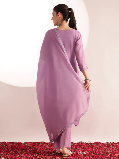 Lavender Embroidered Solid Fit & Flare Mul Chanderi Stitched Kurta, Pant With Dupatta