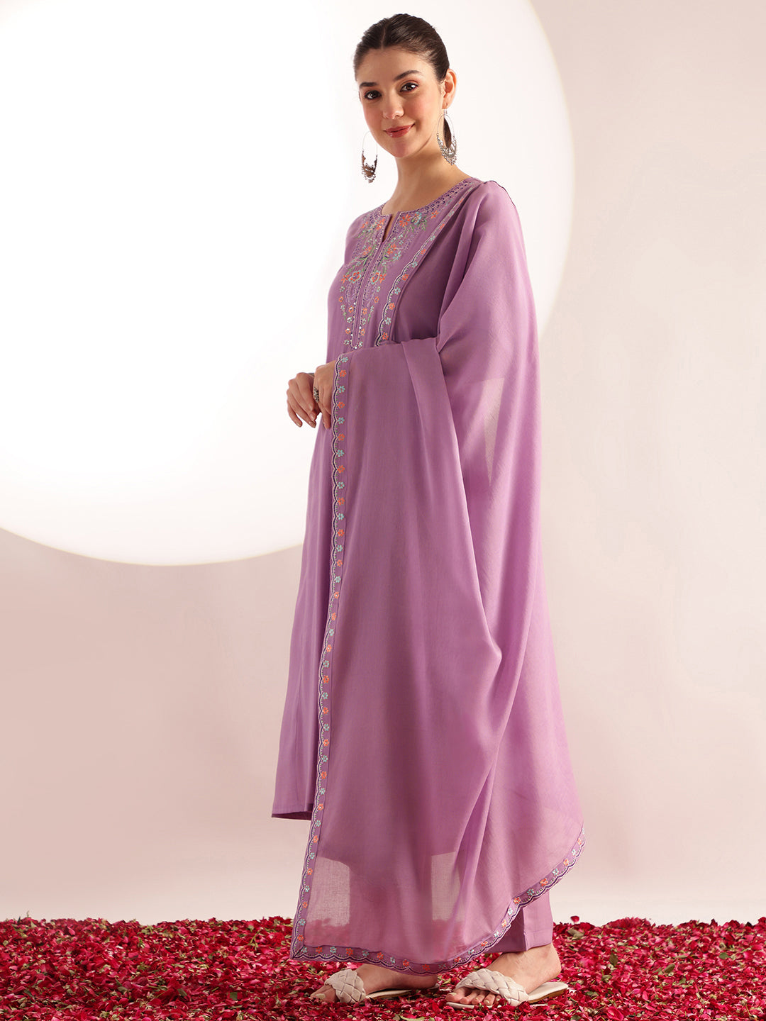 Lavender Embroidered Solid Fit & Flare Mul Chanderi Stitched Kurta, Pant With Dupatta