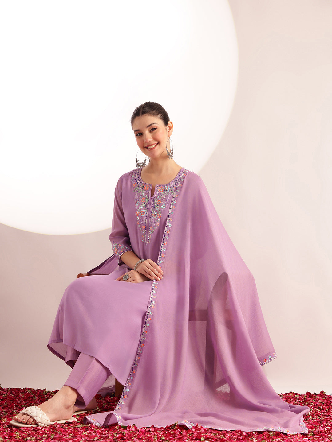 Lavender Embroidered Solid Fit & Flare Mul Chanderi Stitched Kurta, Pant With Dupatta