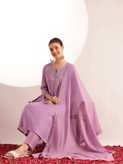 Lavender Embroidered Solid Fit & Flare Mul Chanderi Stitched Kurta, Pant With Dupatta