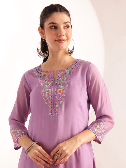 Lavender Embroidered Solid Fit & Flare Mul Chanderi Stitched Kurta, Pant With Dupatta