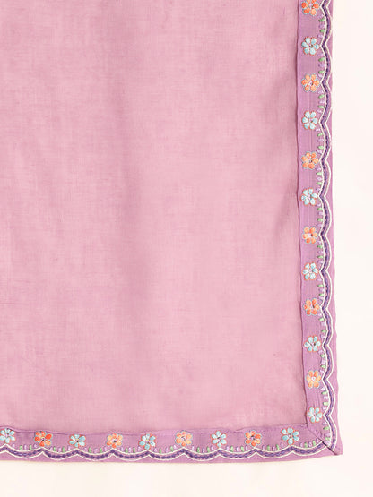 Lavender Embroidered Solid Fit & Flare Mul Chanderi Stitched Kurta, Pant With Dupatta