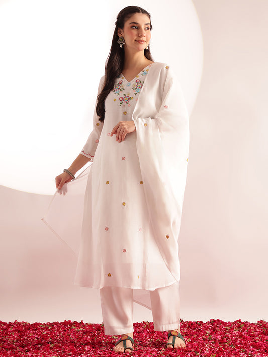 White Embroidered Solid Fit & Flare Mul Chanderi Stitched Kurta, Pant With Dupatta