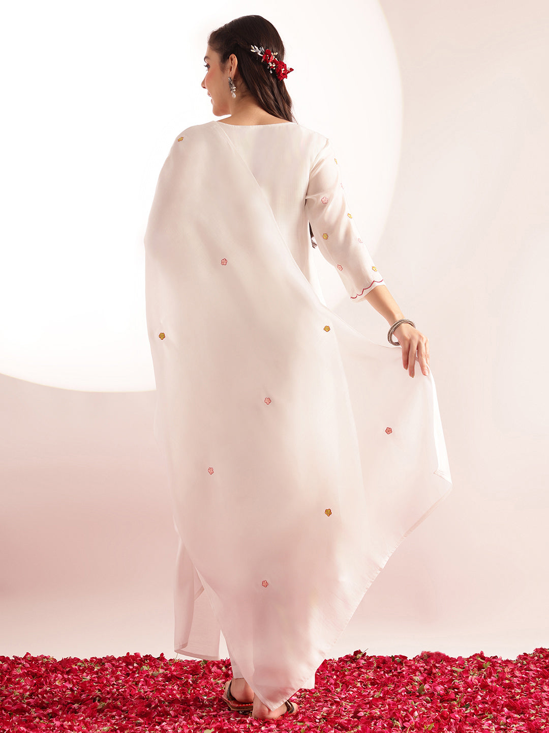 White Embroidered Solid Fit & Flare Mul Chanderi Stitched Kurta, Pant With Dupatta