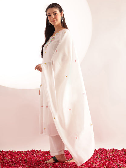 White Embroidered Solid Fit & Flare Mul Chanderi Stitched Kurta, Pant With Dupatta